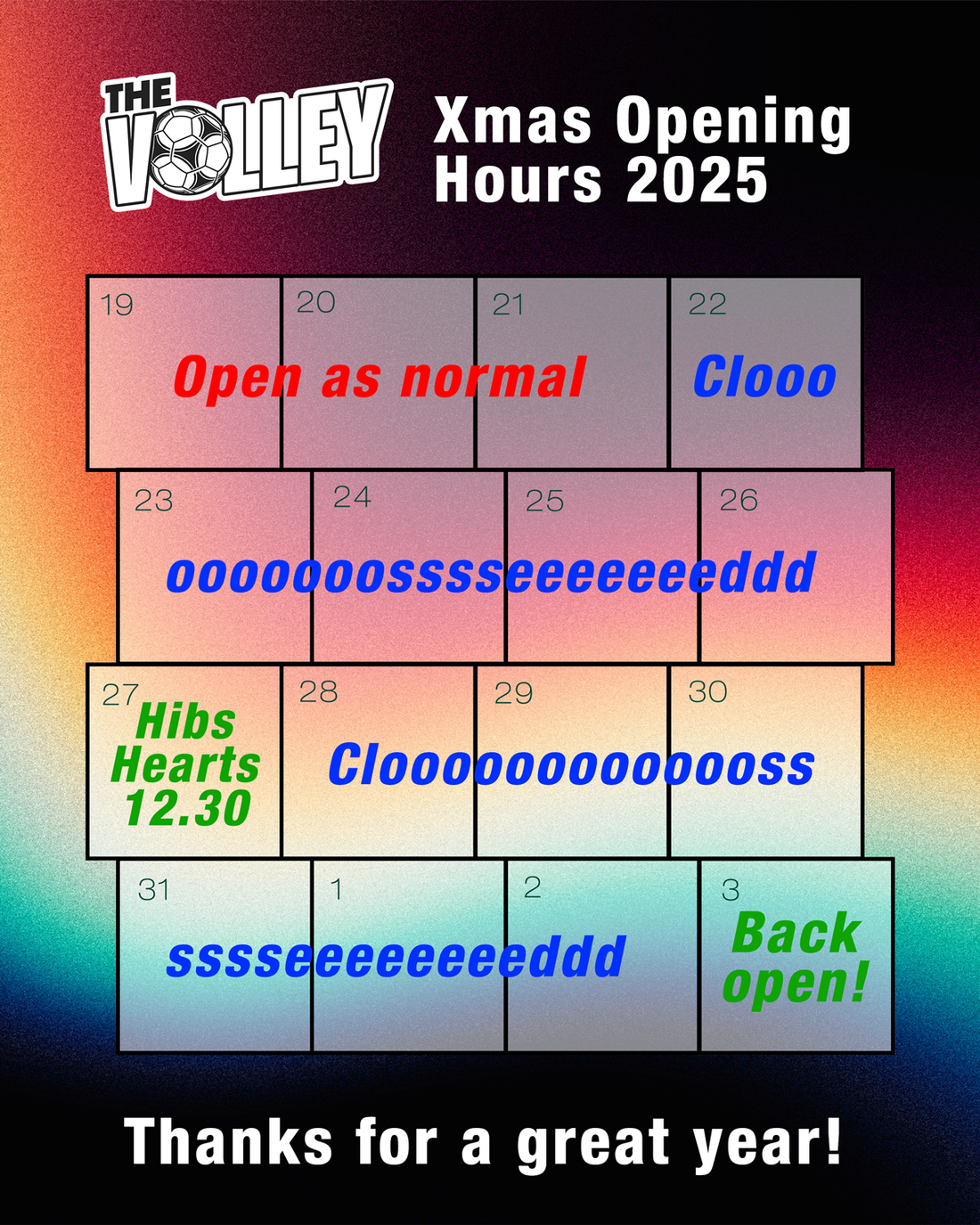XMAS OPENING TIMES 2025
